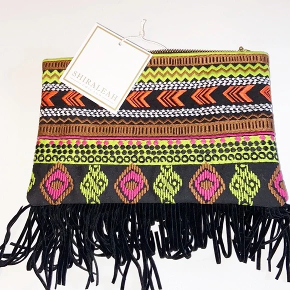 NWT Shiraleah Chicago Embroidered fringe clutch Colorful Southwestern Pattern - Picture 2 of 14